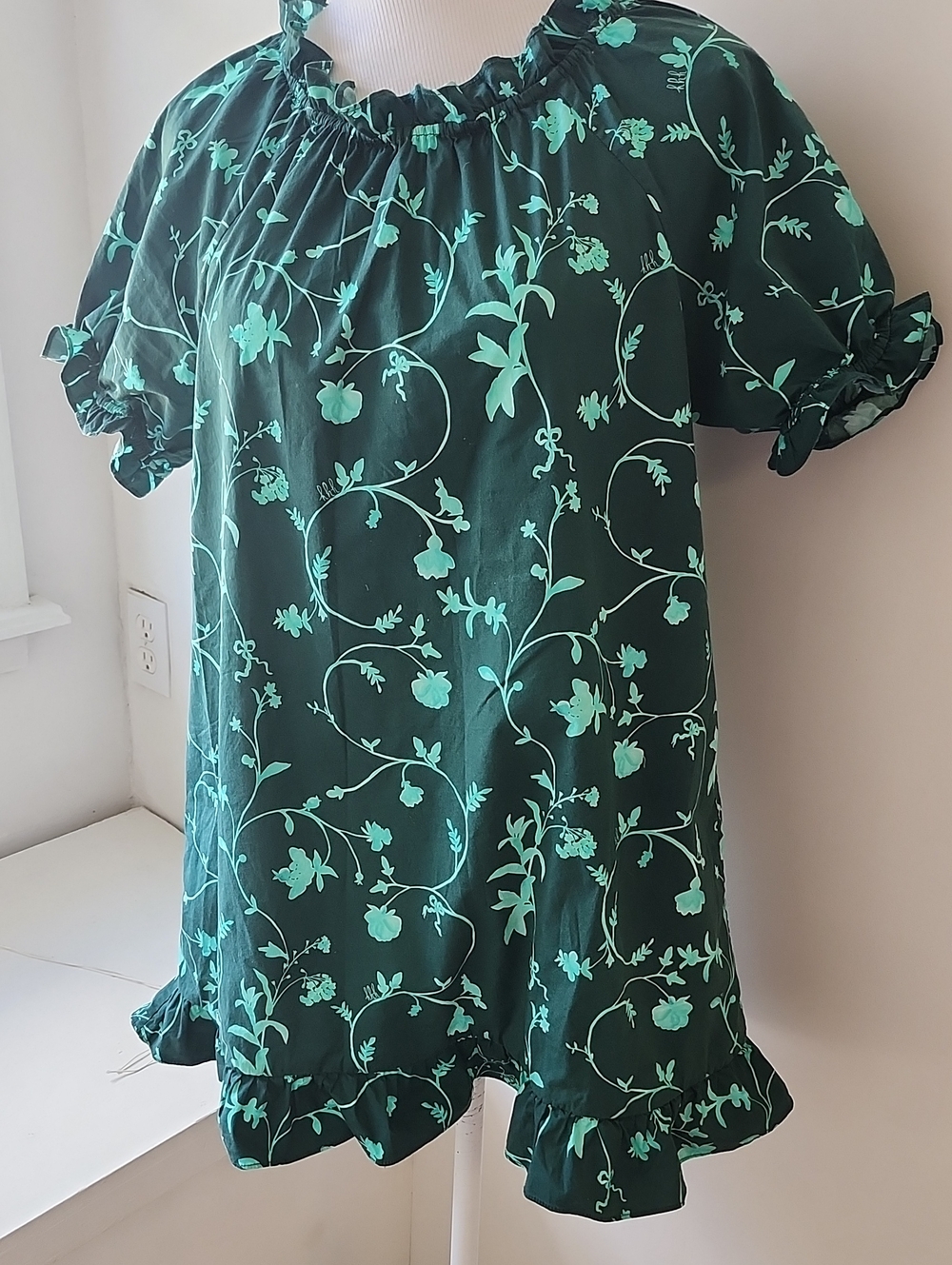Hill House Home Nap Dress Cotton Green Floral Bunnies Size Small